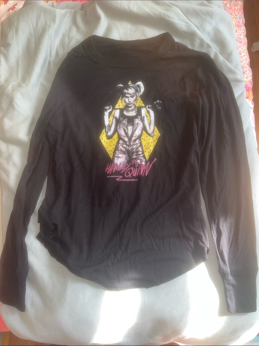 DC Black Harley Quinn Birds of Prey Graphic Tee with Yellow & Pink Accents